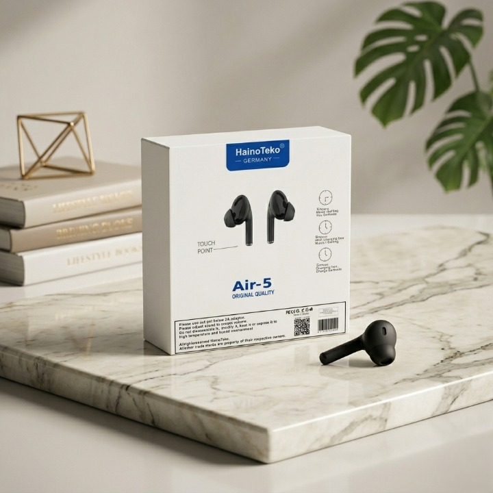 Haino Teko Air-5 True Wireless Earbuds – Germany Quality TWS with Touch Controls, Deep Bass, and Portable Charging Case (White)