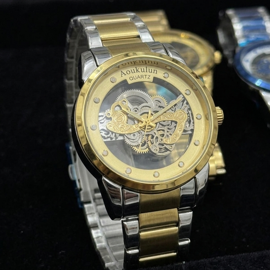 Luxury Skeleton Dial Quartz Watch For Men Elegant Stainless Steel Design | Blue And Silver