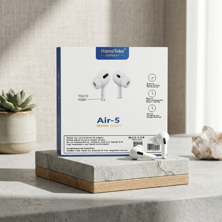 Haino Teko Air-5 True Wireless Earbuds – Germany Quality TWS with Touch Controls, Deep Bass, and Portable Charging Case (White)