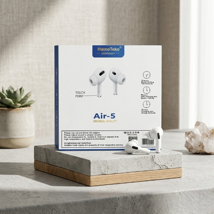 Haino Teko Air-5 True Wireless Earbuds – Germany Quality TWS with Touch Controls, Deep Bass, and Portable Charging Case (White)