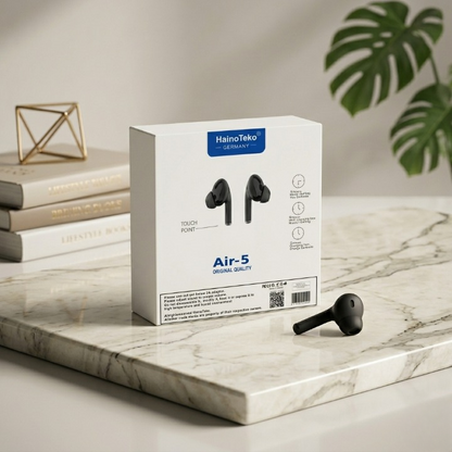 Haino Teko Air-5 True Wireless Earbuds – Germany Quality TWS with Touch Controls, Deep Bass, and Portable Charging Case (White)